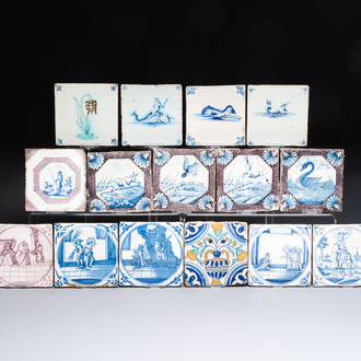 A varied collection of 15 polychrome, blue, white and manganese Dutch Delft tiles, 17/19th C.