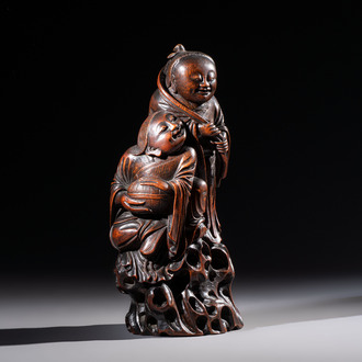 A large Chinese carved bamboo 'Hehe Erxian' group, 18th C.