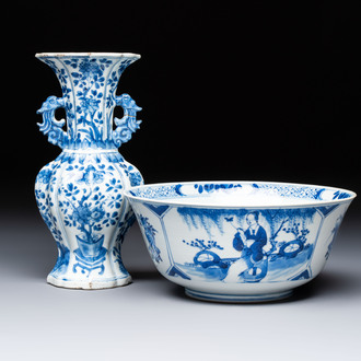 A Chinese blue and white vase with handles and a bowl, Kangxi mark, Kangxi and later