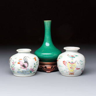 A Chinese green crackle-glazed vase on wooden stand and two famille rose 'Roosters' and 'Antiquities' water pots, 19th C.