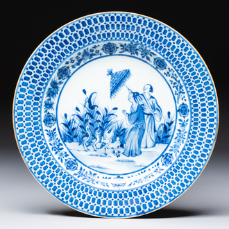 A Chinese blue and white 'La Dame au Parasol' plate after Cornelis Pronk, Qianlong