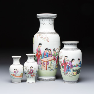 Four Chinese famille rose 'Elegant Beauties' vases, Qianlong marks, 20th C.