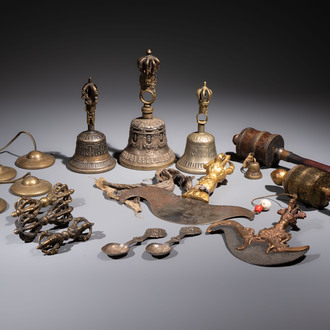 A varied collection of 14 Tibetan ritual utensils, 19/20th C.