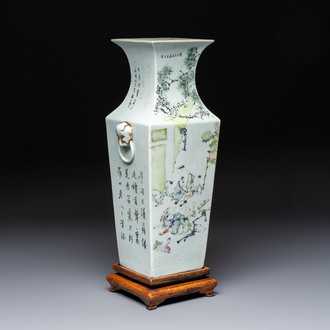 A Chinese qianjiang cai square vase on a wooden stand, signed Ma Qingyun 馬慶雲 and seal mark, dated 1913
