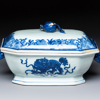 A Chinese blue and white 'Buddhist Lion' tureen and cover, Qianlong