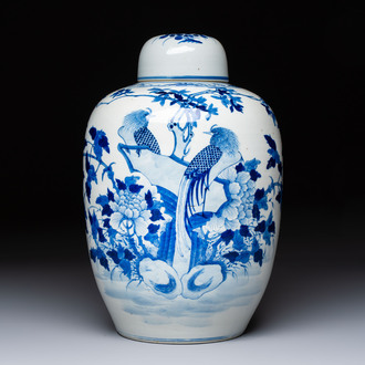 A Chinese blue and white 'Pheasants among Flowering Branches' jar and cover, 19th C.