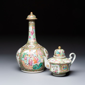 A Chinese Canton famille rose covered bottle vase and a teapot, 19th C.