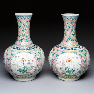 A pair of Chinese famille rose pink-ground 'Ping An Bai Sui 平安百歲' bottle vases, 19th C.