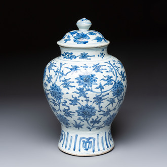 A Chinese blue and white 'Lotus Scroll' vase and cover, Ming