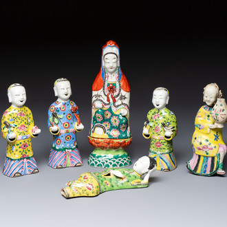 Six Chinese famille rose figures, one with a 'Lotus Throne' stand, 19th C.