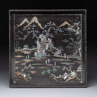 A rare large square Chinese laque burgauté tray depicting a mountainous garden, Kangxi