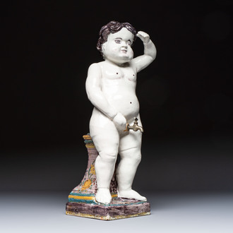 A rare large polychrome Brussels faience 'Manneken Pis' fountain with pewter tap, 18th C.
