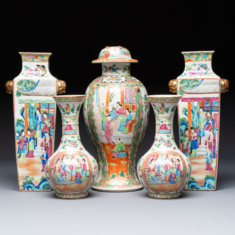 Five Chinese Canton famille rose vases with narrative design, 19th C.