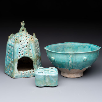A Nishapur turquoise-glazed bowl, an inkwell and an incense burner or lantern, Iran, 10/12th C.