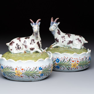 A pair of rare polychrome Dutch Delft 'Goat' tureens and covers, 18th C.