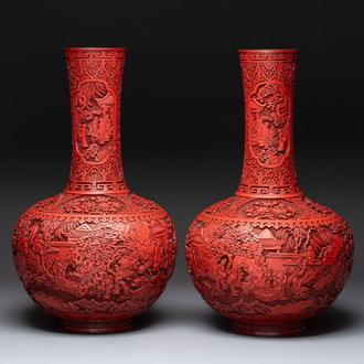 A pair of Chinese cinnabar lacquer 'Xi Xiang Ji' 'Tianqiu Ping' vases, 20th C.