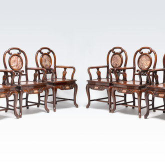A set of six fine Chinese marble-inset hongmu chairs, 19th C.