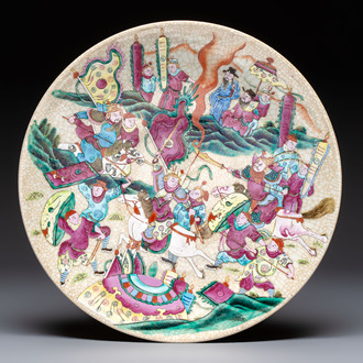 A Chinese Nanking famille rose 'Romance of the Three Kingdoms' dish, Chenghua mark, 19th C.