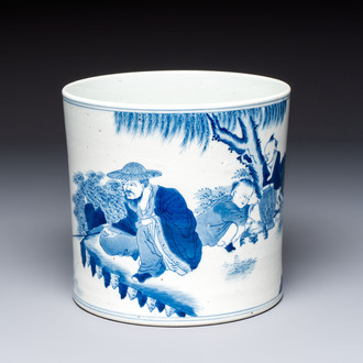 A Chinese blue and white 'Fisherman' brush pot, 20th C.
