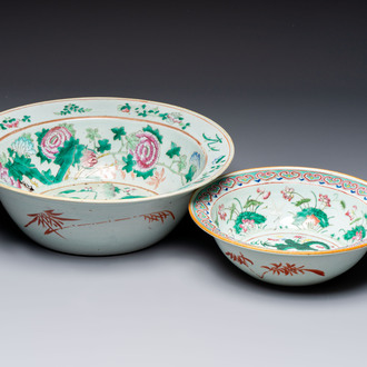 A large Chinese famille rose 'Dragon' basin and a basin with floral design, 19th C.
