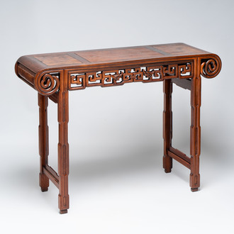 A Chinese burlwood-topped hardwood console table, 19th C.