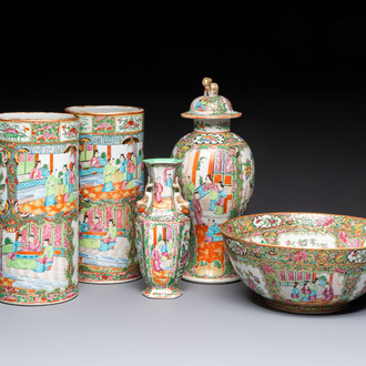 A pair of Chinese Canton famille rose hat stands, a covered vase, a vase and a bowl, 19th C.