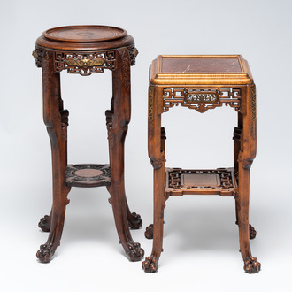 Gabriel Viardot (1830-1906): a gilt-bronze-mounted marble-topped Japonism wooden stand, marked, and one stand attributed to Viardot, France, ca. 1900