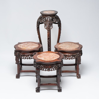 Four Chinese marble-topped hongmu stands, 19/20th C.