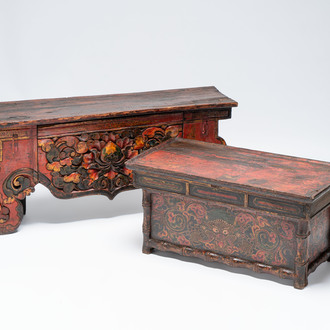 A Tibetan finely painted polychrome wooden folding table and an altar table, 18/19th C.