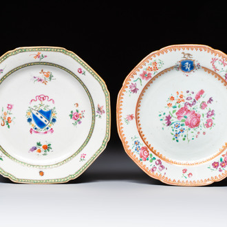 Two Chinese famille rose armorial saucers, Qianlong
