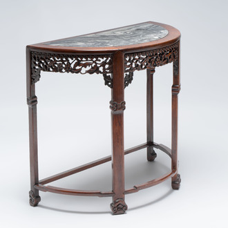 A fine Chinese marble-topped hongmu demi-lune console table, 19th C.