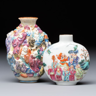 Two Chinese famille rose '18 Luohan' snuff bottles, Qianlong and Daoguang marks, 19th C.