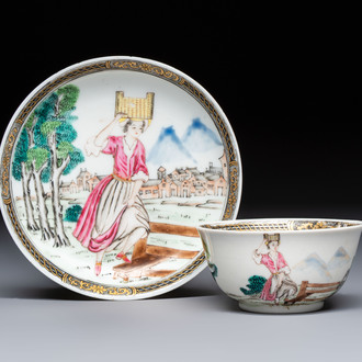 A rare Chinese famille rose erotic 'Milkmaid' cup and saucer, Qianlong, ca. 1740