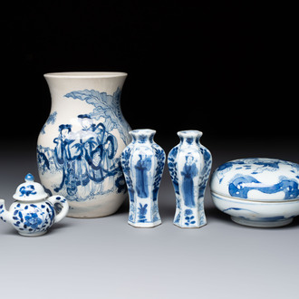 A Chinese blue and white vase, a pair of miniature vases, a covered teapot and a covered box, Kangxi and artemisia leaf mark, Kangxi