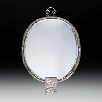 A Chinese silver-plated oval mirror, 19/20th C.