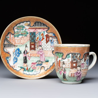 A fine Chinese Canton famille rose cup and saucer with figural design, Yongzheng/Qianlong