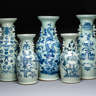 Five Chinese blue and white celadon-ground vases, 19th C.