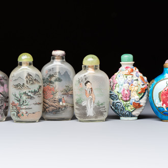 Six Chinese famille rose, enamelled copper and inside-painted glass snuff bottles, various signatures, Qianlong mark, 19/20th C.