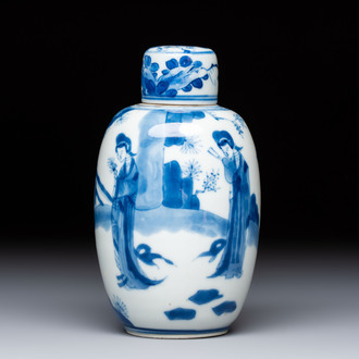 A Chinese blue and white 'Long Eliza' tea caddy and cover, Chenghua mark, Kangxi