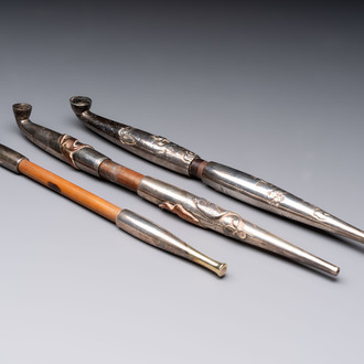 Three Japanese parcel-gilt silver and wooden 'Kiseru' or tobacco pipes, 19/20th C.