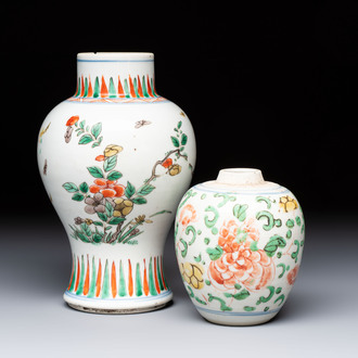 A Chinese wucai 'Poem' vase and a 'Peony scroll' jar, signed Hui An 卉菴, Kangxi