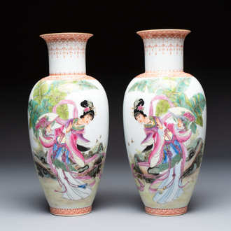 A pair of Chinese famille rose 'Dream of the Red Chamber 紅樓夢' vases, Jing De Zhen Zhi 景德鎮製 mark, signed Zhao Huimin 趙惠民, dated 1961
