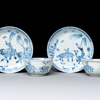 A pair of Chinese blue and white 'Ca Mau' shipwreck cups and saucers, Yongzheng
