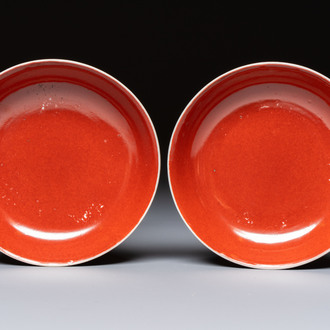 A pair of Chinese coral-red-glazed plates, Qianlong