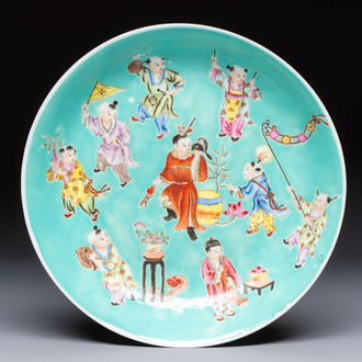 A Chinese famille rose turquoise-ground 'Playing Boys' plate, Qianlong mark, Republic