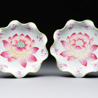 A rare pair of Chinese famille rose 'Lotus' plates, Qianlong