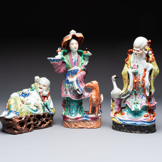 Three Chinese famille rose 'Milefo Buddha', 'Magu' and 'Shoulao' groups, 19/20th C.