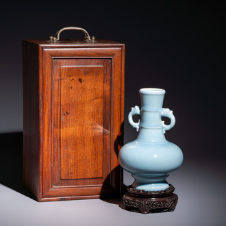A Chinese claire-de-lune handled vase, with a wooden stand and its original hongmu box, Yongzheng mark, Republic