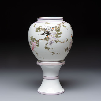 A Chinese famille rose 'Birds among Flowering Branches' eggshell lantern on stand, signed Yuan Qing 元清, dated 1987