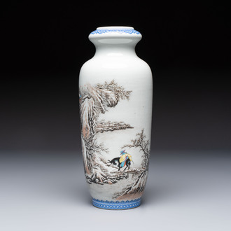 A Chinese polychrome-decorated 'Winter Landscape' vase, signed He Xuren 何許人 and with seal mark, dated 1934